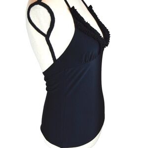 Hula Honey Black Halter Tie Ruffle Trim V Neck Tankini, Size Small‎